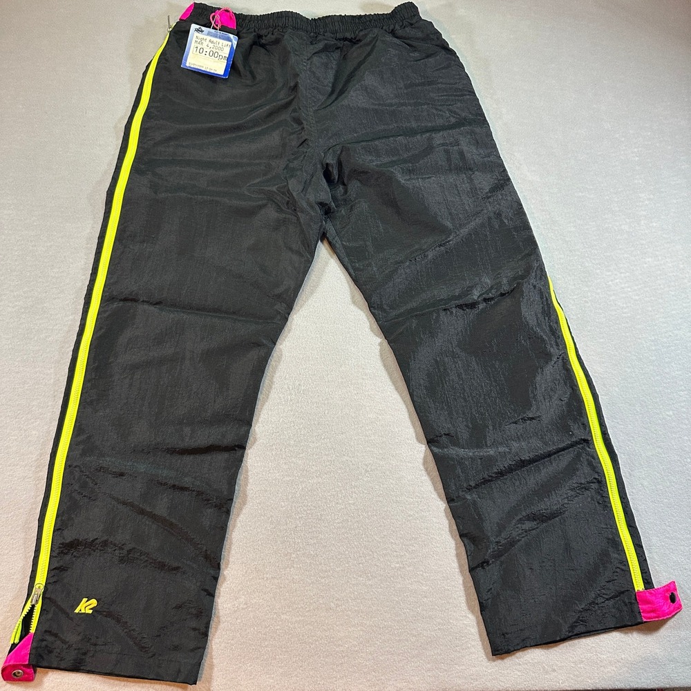K2 Ski Pants Mens Black Neon Yellow Pink Nylon Zip Ankle Large Vintage Made USA